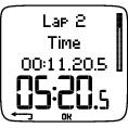 První obrazovka Lap X (Time) obsahuje (odshora dolů): pod nápisem Time čas uběhnuvší od spuštění záznamu do změření mezičasu dole čas změřeného úseku Další obrazovka Lap X (Heart rate) obsahuje