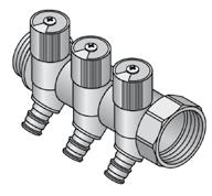 Rozdělovače, příslušenství a nářadí Uponor Q&E rozdělovač 1 pro připojení studené a teplé vody s uzavíracími ventily Vyrobený z DR mosazi. Vnější a vnitřní závit 3/4. C/c 38 mm.