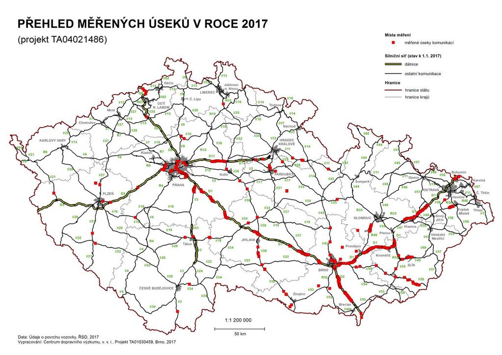 Dlouhodobý monitoring hlučnosti komunikací Od roku 2012 2014 v rámci projektu TA04021486 (celková proměřená délka cca 1 000 km) Od roku 2015 2017 v rámci projektu TA01030459 (celková