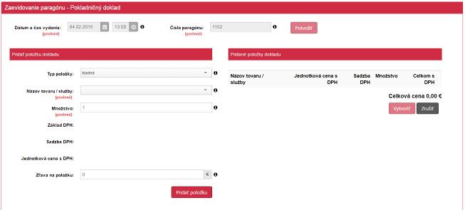Strana 43 / 113 3.5.1 Pokladničný doklad Postup dodatočného doevidovania pokladničného dokladu je veľmi podobný s vytváraním nových pokladničných dokladov.