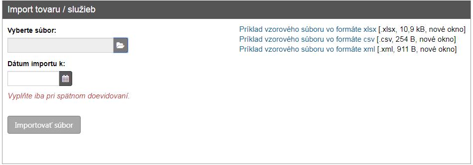 Strana 71 / 113 Obrázok 65: Import tovaru a služieb Po kliknutí na tlačidlo Importovať súbor sa podnikateľovi zobrazí hláška o úspešnosti nahratia súboru.