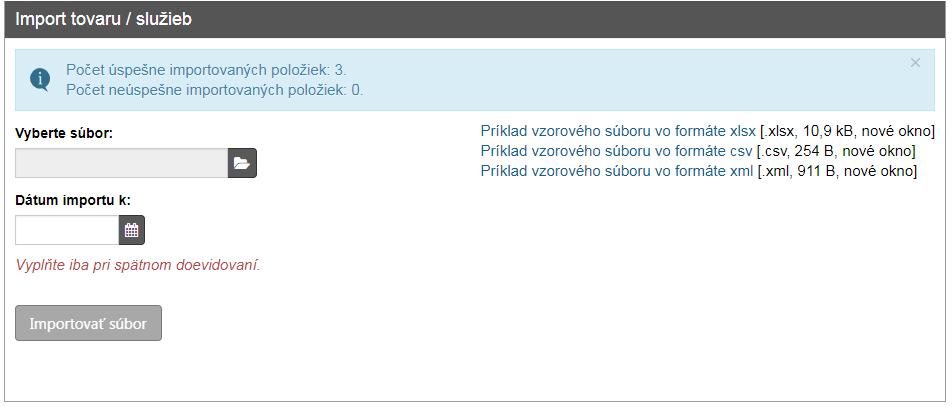 Obrázok 66: Import tovaru a služieb importovaný súbor Ak podnikateľ pri vytváraní súboru spravil chybu (nedodržanie obmedzení uvedených v Tabuľka 4: Štruktúra
