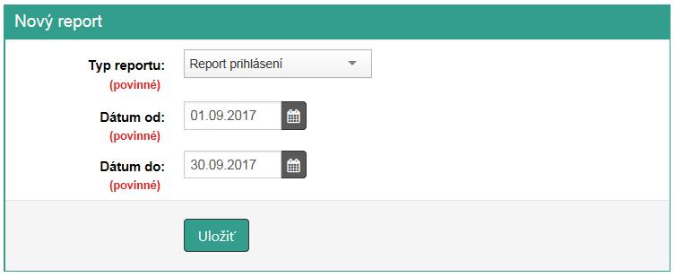 Strana 97 / 113 Obrázok 97: Vytvorenie reportu prihlásení Po vyplnení všetkých potrebných údajov (dátum od / do) podnikateľ klikne na tlačidlo Uložiť.