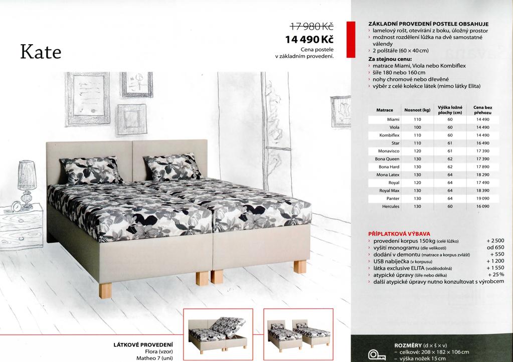 Matheo 7 (uni) ROZMiRY (d X s X V) - celkove: 208 X 182 x 106 cm - vyska nozek 15 cm Kate 1 7 900 Kc 14 490 Kc ZAKLADNf PROVEDENf POSTELE OBSAHUJE > lamelovy rost, otevirani z boku, ulozny prostor >