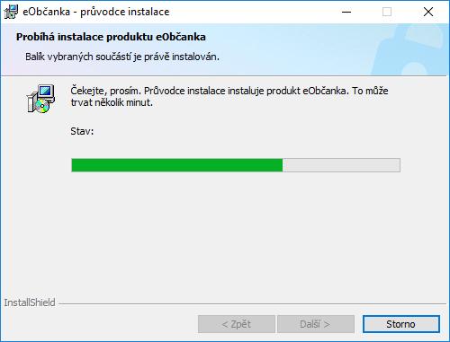 Obrázek 7: Průběh instalace software eobčanka Instalační balíček automaticky provádí všechny potřebné kroky: instaluje aplikační a konfigurační soubory do programového adresáře Program Files provádí