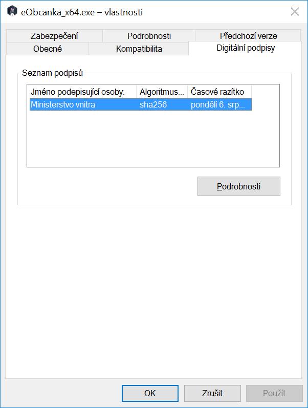Obrázek 18: Okno s informací o elektronickém podpisu instalačního balíčku Upozornění: Pokud by záložka Digitální podpisy nebyla dostupná anebo by v okně byla uvedena informace o nedůvěryhodnosti