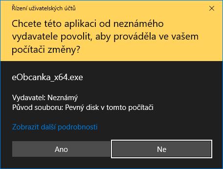 Obrázek 21: Varování operačního systému, pokud nebyl ověřen podpis instalačního balíčku Pokud by uživatel použil volbu Ano, spustil by se proces instalace.