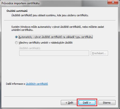 Po stisku tlačítka Další se otevře okno pro výběr úložiště instalovaného certifikátu.