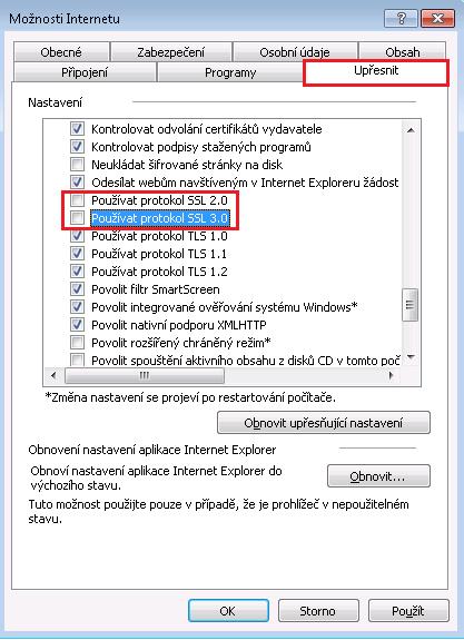20 Ponechat jen TLS komunikaci a SSL odebrat a stisknout tlačítko OK. 3.