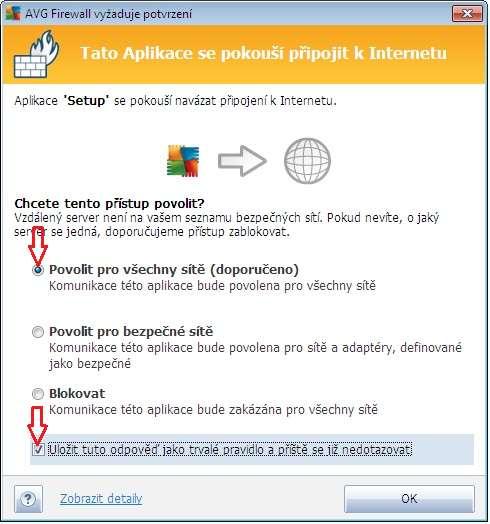 Pokud máte aktivován firewall, pravděpodobně se vám zobrazí podobný dialog jako na Obrázek 7, kterým Vás upozorní, že se aplikace snaží přistupovat na internet.