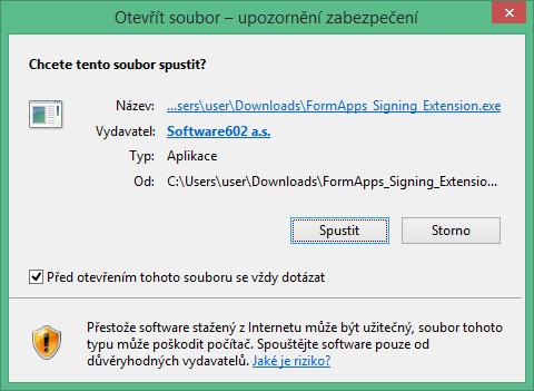 Postup instalace pro Windows Zobrazí se dialog pro stažení instalačního souboru FormApps_Signing_Extension.exe. Soubor uložte na disk počítače a spusťte, například poklepáním na název souboru.