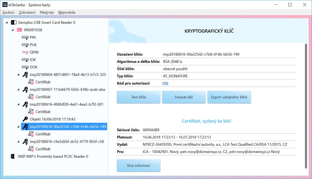 Obrázek 19: Okno s informacemi o kryptografickém klíči Informací o klíči se zobrazuje poměrně málo. Pro uživatele jsou podstatnější informace, uložené v certifikátu daného klíče.