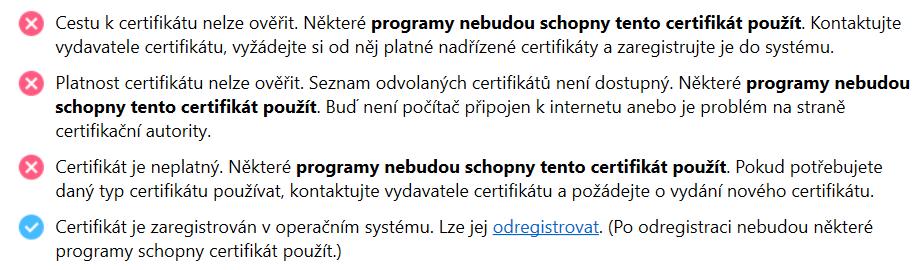 Obrázek 22: Doplňující informace o certifikátu Aplikace eobčanka Správce karty v některých případech nabízí uživateli možnost řešení nalezeného problému s certifikátem.