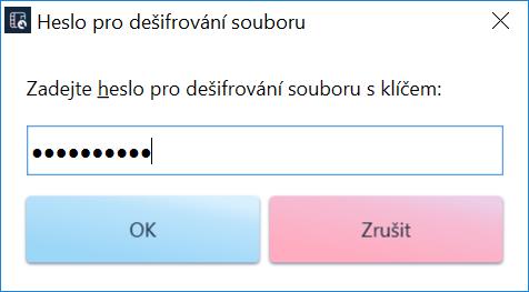 Obrázek 26: Zadání hesla pro dešifrování souboru s importovaným klíčem Uživatel zadá heslo a