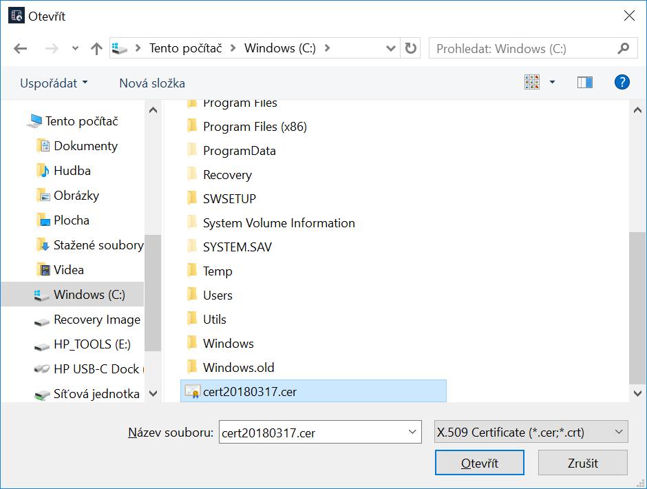 Obrázek 30: Okno pro otevření souboru s importovaným certifikátem Uživatel zvolí soubor s certifikátem a potvrdí pomocí tlačítka Otevřít. Správce karty zvolený soubor přečte a sestaví certifikát X.