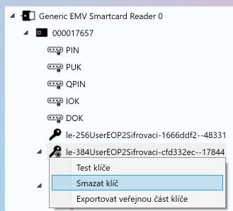 Obrázek 35: Kontextové menu pro smazání klíče z čipu občanského průkazu Po spuštění mazání aplikace varuje před nevratností operace: Obrázek 36: Varování před smazáním kryptografického klíče z čipu