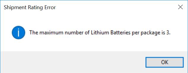 Lithiové baterie Můžete určit, zda balík obsahuje mírně regulované lithiové baterie. Aplikace WorldShip zobrazí možnost balíku s lithiovými bateriemi pro všechny země původu.
