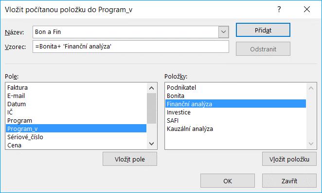 Kapitola 6: Karta Data 127 OBR. 6-10: POČÍTANÁ POLOŽKA Počítané pole Nová položka Bon a Fin se objeví jako další řádek v kontingenční tabulce.