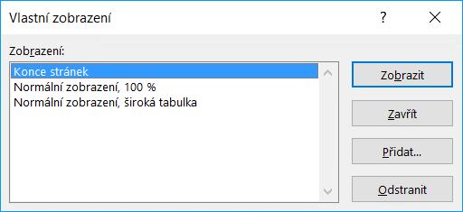 Kapitola 9: Karta Zobrazení 172 Vlastní zobrazení Dem-09-01 Sadu nastavení zobrazení a tisku lze uložit jako vlastní zobrazení. Nelze ho ale využít, jsou-li v sešitu použité tabulky Excel.