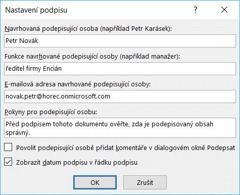 Kapitola 3: Karta Vložení 85 OBR. 3-40: ŘÁDEK PODPISU Do listu se vloží značka řádku podpisu.