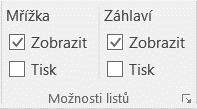 Kapitola 4: Karta Rozložení stránky 99 OBR. 4-4: MOŽNOSTI LISTŮ Mřížka Záhlaví Uspořádat Mřížka odděluje řádky a sloupce. Pro lepší orientaci ve struktuře listu je obvykle zobrazena. Např.