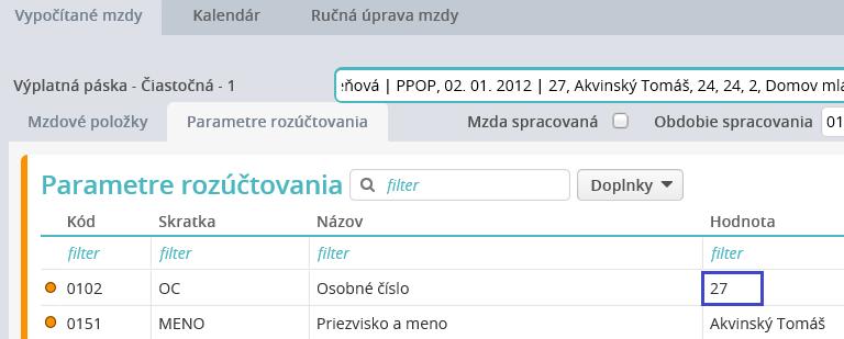 Výstupy vo voľbe Spracovanie miezd/ Tlače a výstupy/export do účtovníctva Údaj sa čerpá z parametra rozúčtovania Osobné číslo, ktorý sa