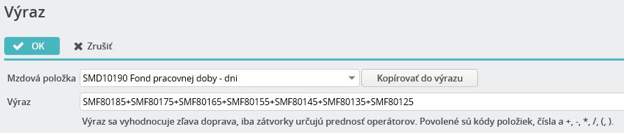 HUMANET PERSONALISTIKA A MZDY časť II. Výraz funkciu Výraz použijete v prípade, že v riadku účtovného dokladu sa má zobrazovať výsledok súčtu alebo rozdielu niekoľkých mzdových položiek, napr.