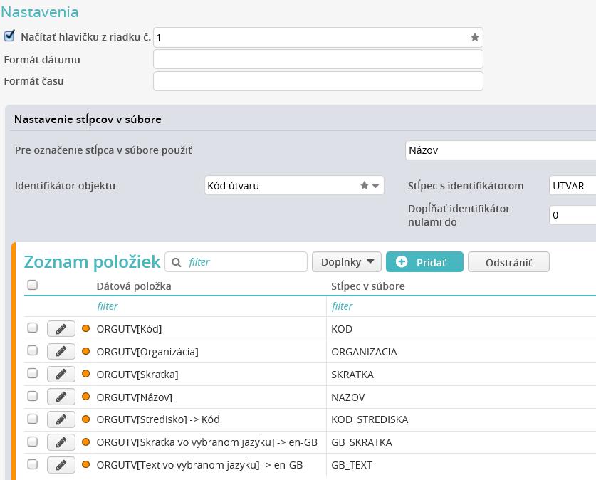 Hromadné ukladanie vyexportovaných súborov na disk/typy importu dát Príklad definície importu typu Útvar: Pri tomto type importu má užívateľ možnosť vytvoriť si