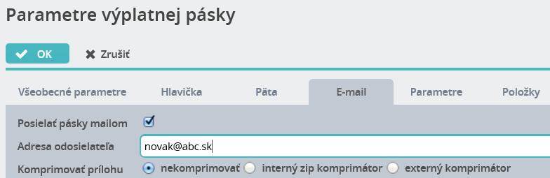 Ak je v definícii výplatnej pásky na záložke E-mail vpísaná v políčku Adresa odosielateľa adresa odosielateľa, pri doručení mailovej správy s výplatnou pásku sa v predmete správy zobrazí text: Ak