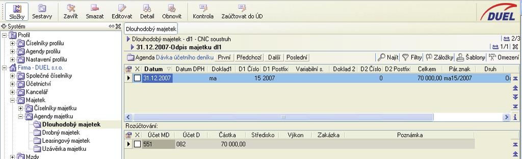 Zadáme datum, které ovlivní výbìr záznamù k zaúètování - Zaúètovat do data. 3. Zadáme nebo z èíselníku zvolíme dokladovou øadu pro odpisy majetku. 4.