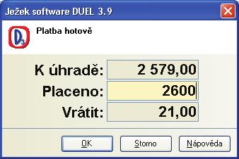 Po spuštìní probìhne øada kontrol (napø. na porušení èasové posloupnosti pohybù) a následnì je zobrazeno dialogové okno, které obsahuje celkovou èástku K úhradì vèetnì definovaného zaokrouhlení.
