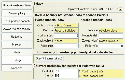 O B E C N É, È Í S E L N Í K Y A N A S T A V E N Í 29 Èást Sklady je vìnována globálním parametrùm, spoleèným pro všechny evidované sklady.