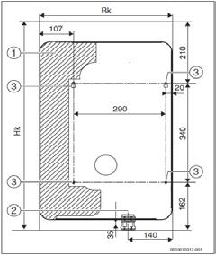 Technický popis Montážní šablony pro upevnění kotle Obr. 5 Rozměry otvorů pro uchycení kotle na zeď a pro vedení napájecího kabelu u kotle Tronic Heat 3500 4-12 kw Obr.