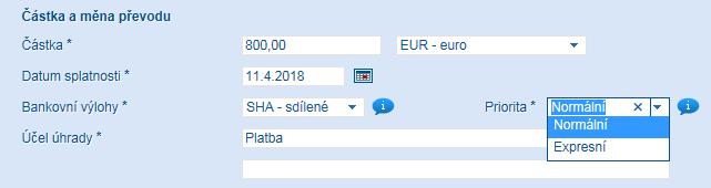 o Normální: platba bude zpracována do dvou dnů od zadání splatnosti platby. (při dodržení podmínek pro normální platby ) o Expresní: platba bude zpracována v rámci daného dne.