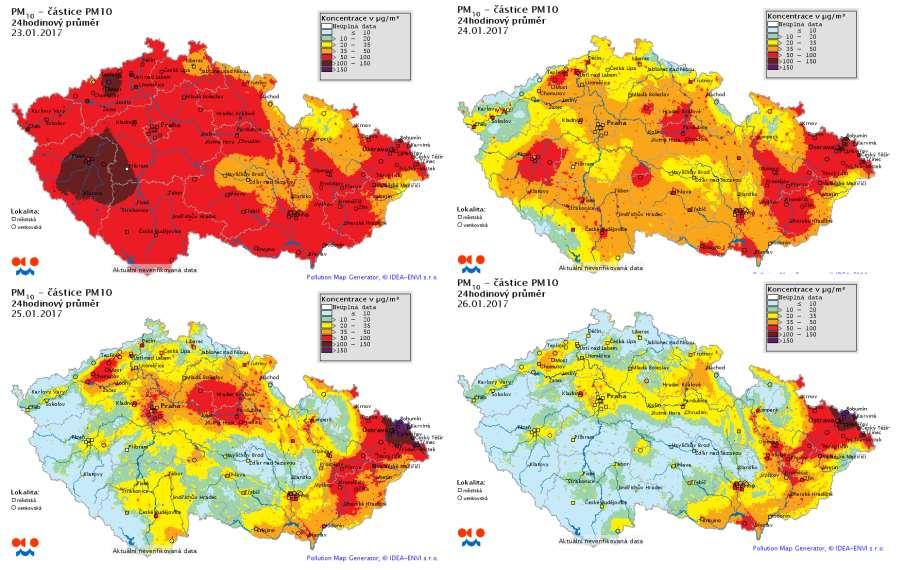 Obr. 10 - Pole průměrných 24hodinových koncentrací PM 10 na