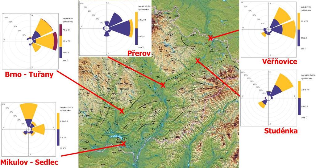 Obr. 24 Větrné růžice v lokalitách Věřňovice,