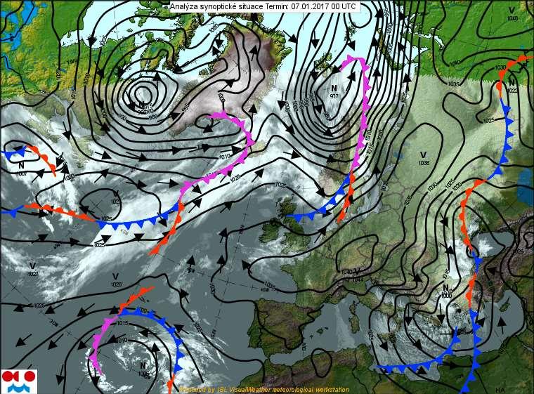 Obr. 3 - Synoptická situace nad Evropou, 7. 1. 2017 V následujících dnech (11. 14. 1.) ovlivňovala počasí u nás tlaková výše nad východní Evropou.