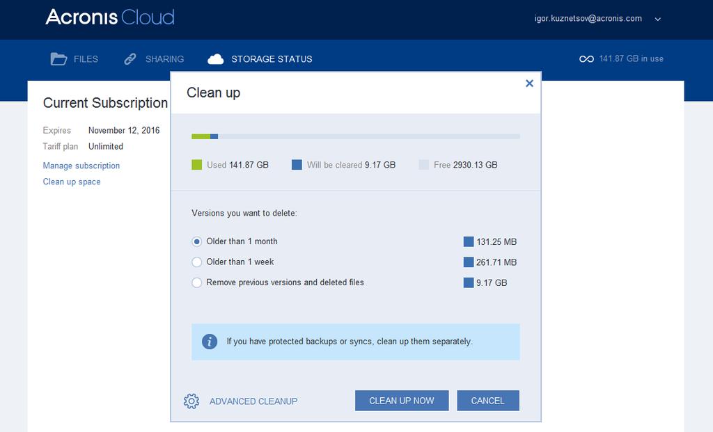 9.5.1 Návrat k předchozí verzi souboru Pokud ukládáte historii synchronizace do služby Acronis Cloud, můžete aktuální verzi synchronizovaného souboru vrátit na předcházející verzi.