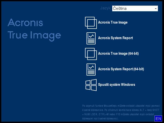 Pokud nemáte náhradní myš ani klávesnici, kontaktujte technickou podporu společnosti Acronis. Sestaví pro vás vlastní záchranné CD, které bude obsahovat ovladače pro váš model myši a klávesnice.