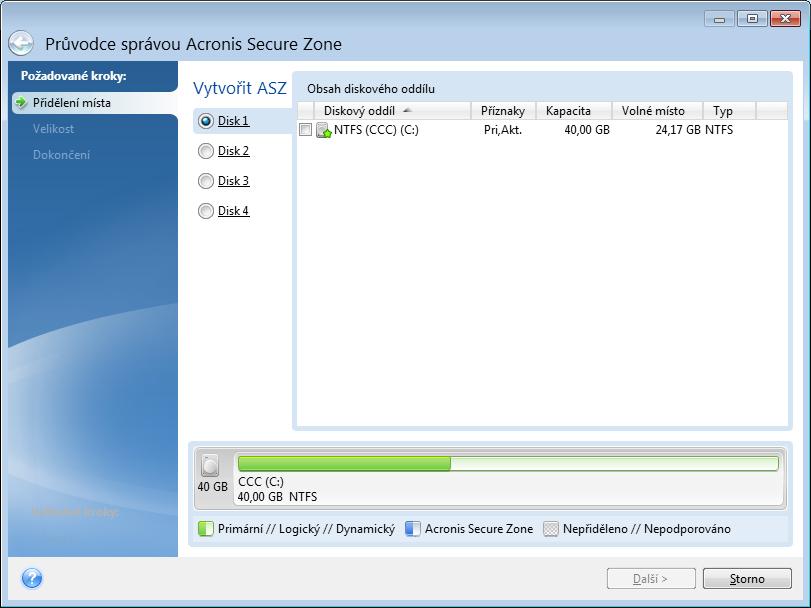 12.4.2 Umístění Acronis Secure Zone Tvorba zóny Acronis Secure Zone Jak zadat umístění zóny Acronis Secure Zone: 1. Vyberte pevný disk, na kterém chcete zónu Acronis Secure Zone vytvořit. 2.