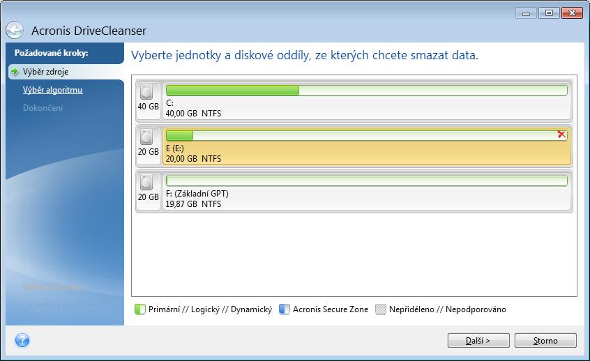 Chcete-li vybrat celý pevný disk, klikněte na ikonu disku ( ). Pomocí nástroje Acronis DriveCleanser nelze vymazat diskový oddíl na dynamických discích nebo discích typu GPT, proto se nezobrazí. 12.6.