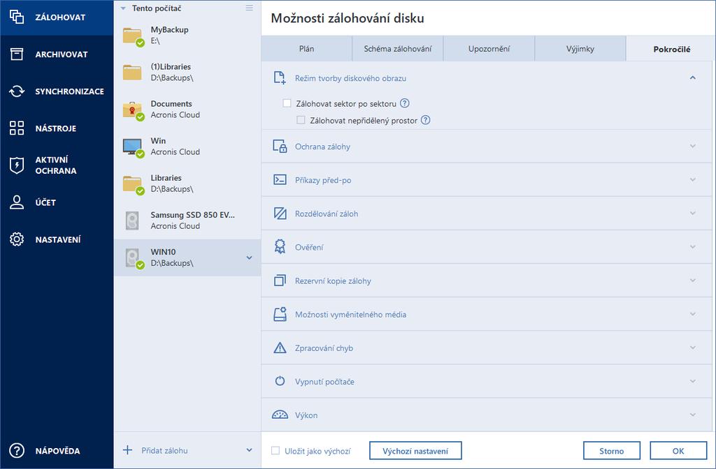 Po instalaci aplikace jsou všechny možnosti nastaveny na výchozí hodnoty. Můžete je měnit pouze pro aktuální operaci zálohování nebo pro všechny budoucí operace zálohování.