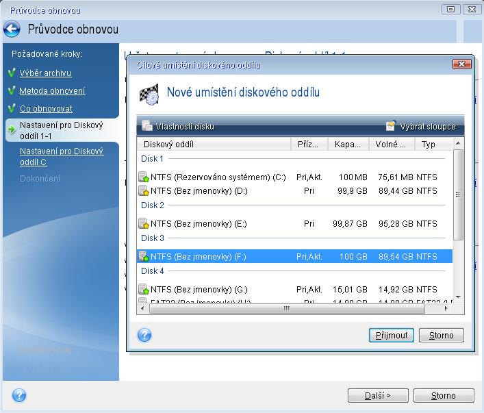 Pokud vyberete celý disk, obnoví se také sektor MBR a stopa 0 disku. Výběrem diskových oddílů se zobrazí příslušné kroky Nastavení diskového oddílu.