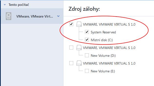 Záloha systémového disku vytvořená v režimu disku. Chcete-li vytvořit zálohu tohoto typu, přejděte do režimu disku a vyberte pevný disk, který obsahuje váš systémový diskový oddíl.