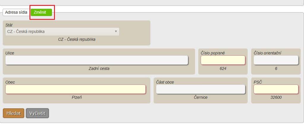 Budete-li měnit celou adresu, stiskněte tlačítko Vyčistit a pole k vyplnění budou promazána. V opačném případě změňte jen určitá pole adresy.