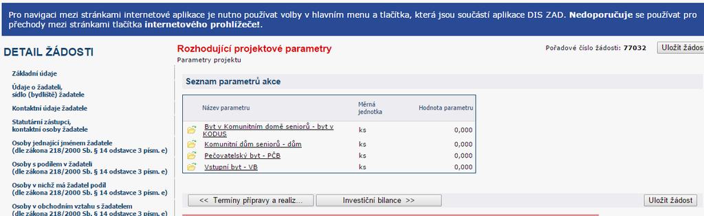 Rozhodující projektové parametry Číselník pro