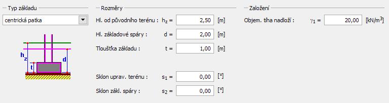 Poté se přesuneme do rámu Založení, kde se zadává typ základu. Zvolíme možnost centrická patka a dále určíme rozměry základu, tj.