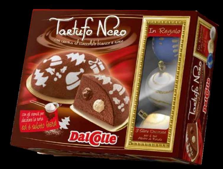 krabiciach Logo odporúčame na etiketu priviazanú o stuhu Minimum: 24ks Cena: 6,29 /ks Panettone koláčik Tartufo Nero s bielou a tmavou čokoládou + darček 400g tradičný taliansky