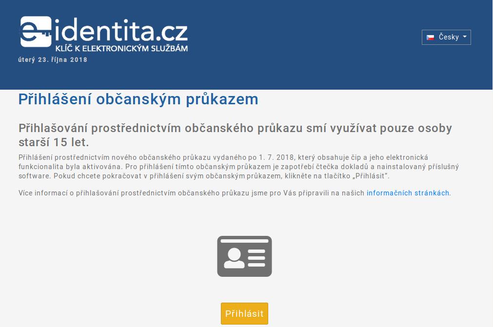 Obrázek 3: Webová stránka pro přihlášení občanským průkazem Poznámka: Některé prohlížeče mohou zobrazovat upozornění, že se webová stránka pokouší spustit aplikaci eobčanka - Identifikace.