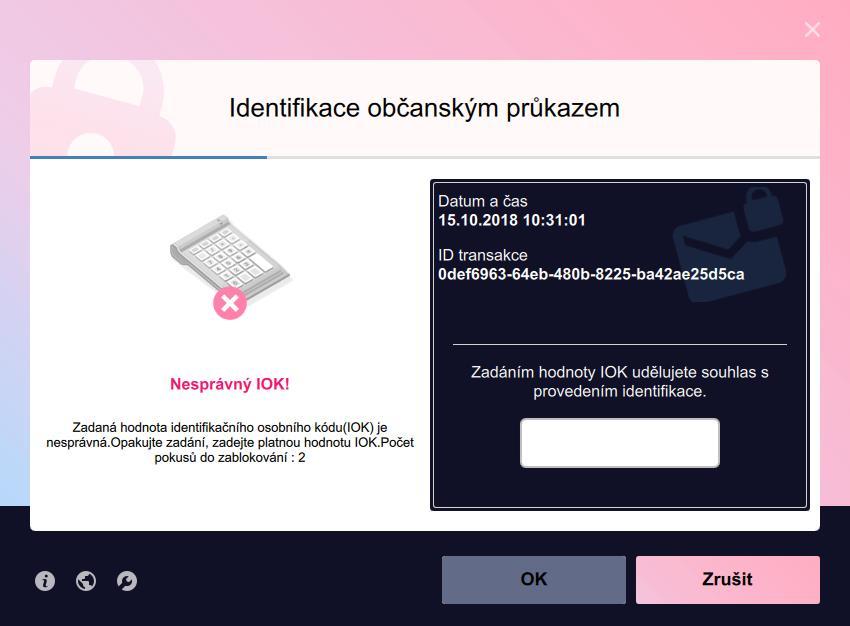 klávesnici čtečky. Postupy práce se čtečkami s klávesnicí jsou podrobněji popsány v kapitole 5.2. 4.4.5.2 Zadání nesprávné hodnoty IOK Může se stát, že uživatel nezadá správnou hodnotu IOK.